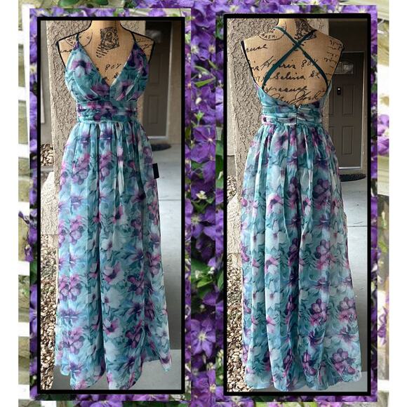 Lulus Romance That Wows Dark Teal Floral Print Organza Maxi Dress Size S - Picture 6 of 13